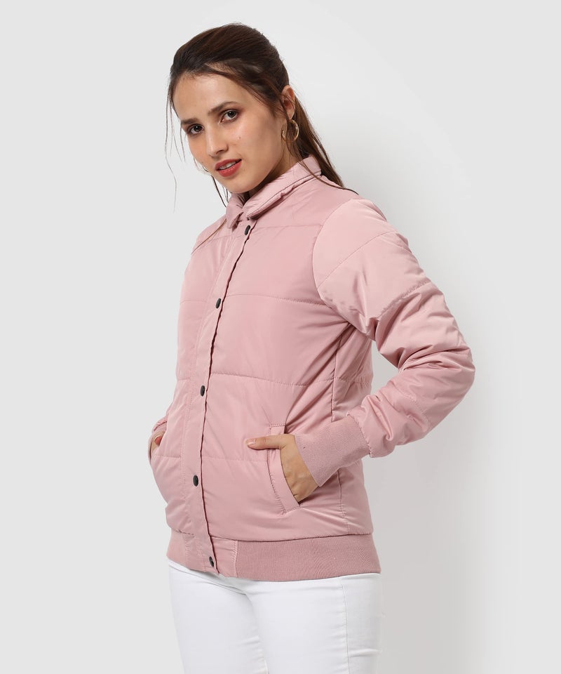 Campus Sutra Women's Pink Puffer Regular Fit Bomber Jacket For Winter Wear | Standing Collar | Full Sleeve | Buttoned | Casual Jacket For Woman & Girl | Western Stylish Jacket For Women - Image 4