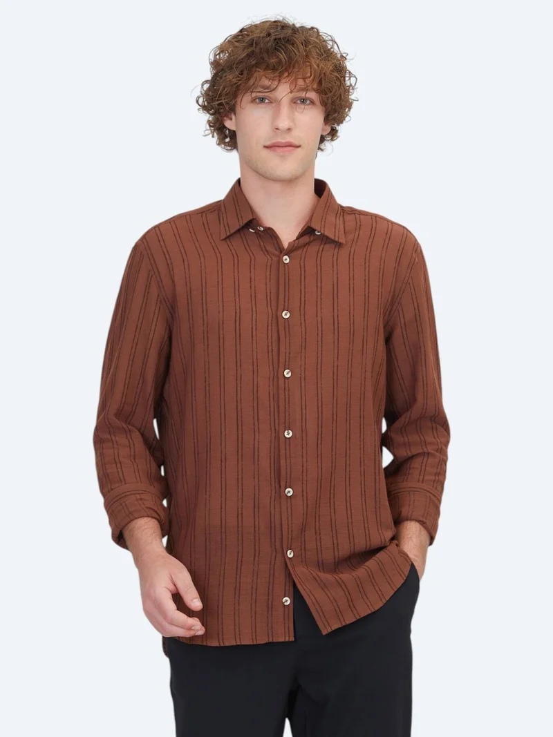 Kip Brown Striped Regular Fit Long Weaving Casual Cotton Blended Shirt