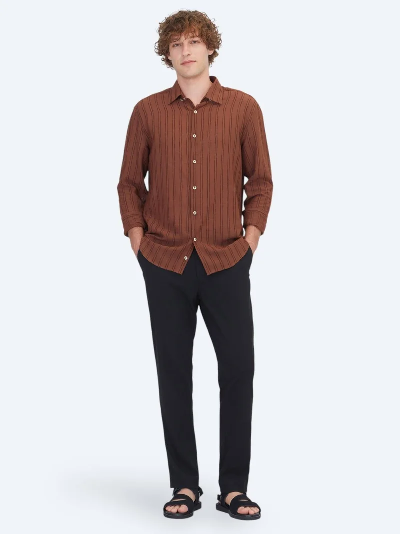 Kip Brown Striped Regular Fit Long Weaving Casual Cotton Blended Shirt