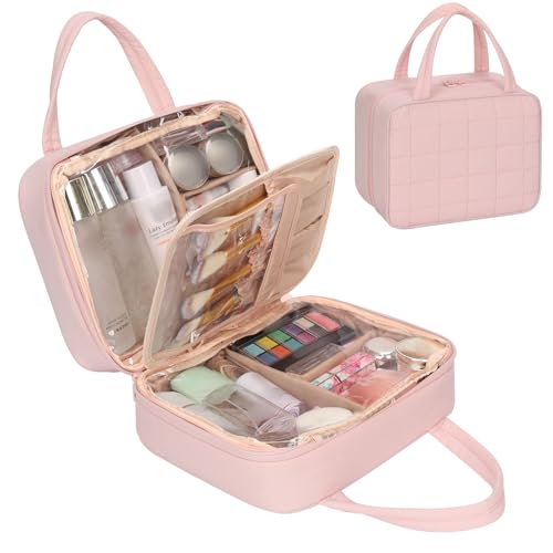 onemoky Travel Makeup Bag Large Capacity Cosmetic Bag Portable Make Up Bag Organizer for Women Waterproof Cosmetic Travel Bag with Dividers and Brush Compartment for Cosmetics Toiletries - Image 1