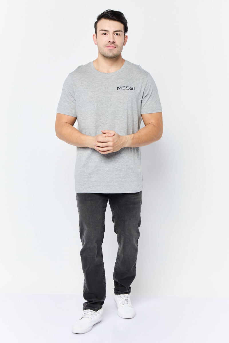 MESSI Men Crew Neck Short Sleeves Brand Logo T-Shirt, Light Grey - Image 3