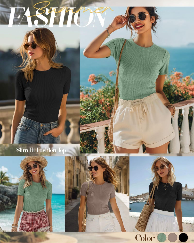 Ficerd 3 Pack Women's Ribbed T-Shirts, Cotton Short Sleeve Basic Tees Crewneck Fitted Tops Casual Shirts 2026 Summer Trendy(Black, Mocha, Matcha Green,Medium) - Image 4