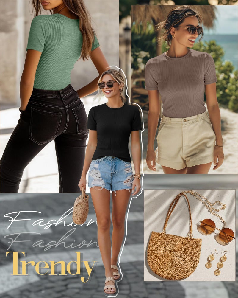 Ficerd 3 Pack Women's Ribbed T-Shirts, Cotton Short Sleeve Basic Tees Crewneck Fitted Tops Casual Shirts 2026 Summer Trendy(Black, Mocha, Matcha Green,Medium) - Image 3