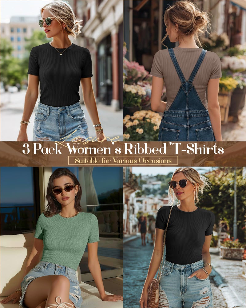 Ficerd 3 Pack Women's Ribbed T-Shirts, Cotton Short Sleeve Basic Tees Crewneck Fitted Tops Casual Shirts 2026 Summer Trendy(Black, Mocha, Matcha Green,Medium) - Image 2