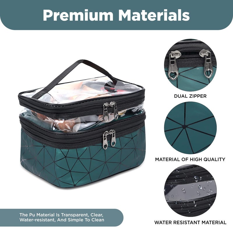 Ayaha Transparent Makeup Bags Double Layer Travel Cosmetic Cases Make up Organizer Toiletry Bag with 2 Zipper for Women  Girl Green - Image 5