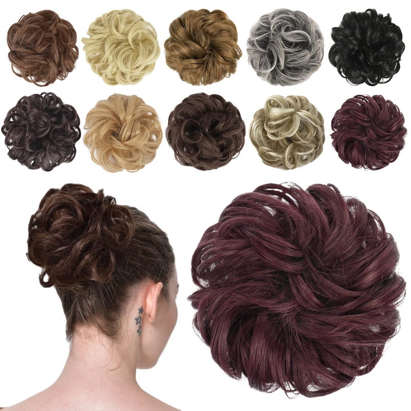 FESHFEN Messy Bun Hair Piece  Elastic Wavy Curly Hair Bun Scrunchies Extensions Synthetic Chignon Hairpieces for Women Girls Wine Red 1 PCS