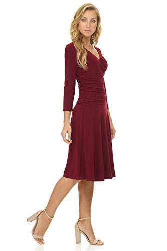 Rekucci Women's Slimming 3/4 Sleeve Fit-and-Flare Crossover Tummy Control Dress (12, Burgundy) - Image 2