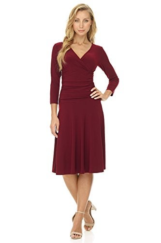 Rekucci Women's Slimming 3/4 Sleeve Fit-and-Flare Crossover Tummy Control Dress (12, Burgundy) - Image 1