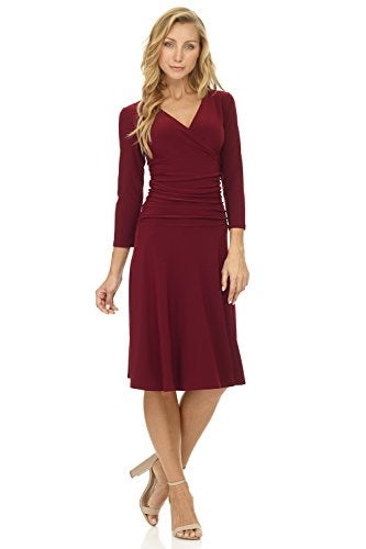 Rekucci Women's Slimming 3/4 Sleeve Fit-and-Flare Crossover Tummy Control Dress (12, Burgundy) - Image 4