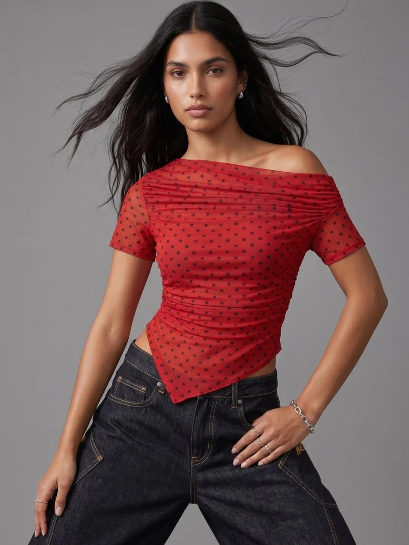 OUTZIDR  Red Asymmetrical Polka Dot Top for Women | Best Price UAE