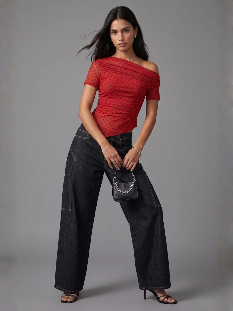OUTZIDR  Red Asymmetrical Polka Dot Top for Women | Best Price UAE