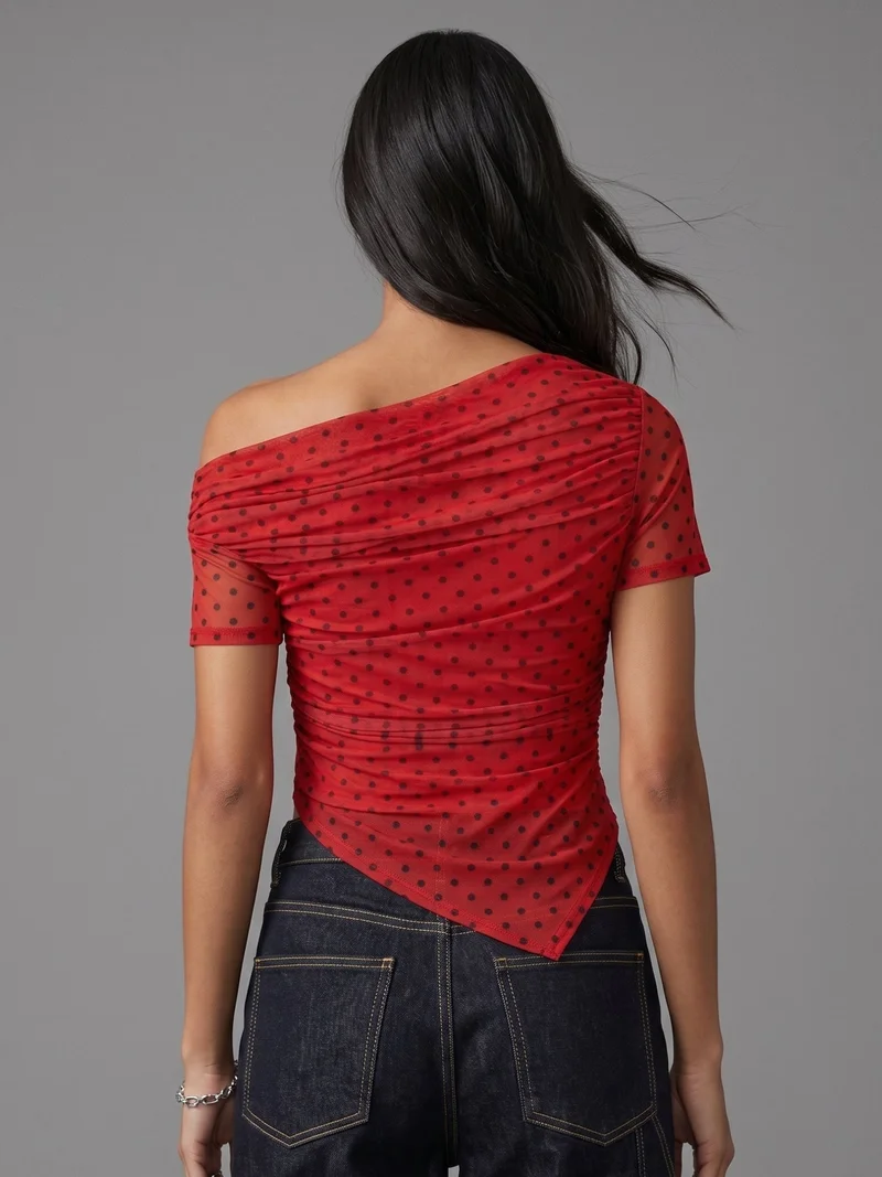 OUTZIDR  Red Asymmetrical Polka Dot Top for Women | Best Price UAE