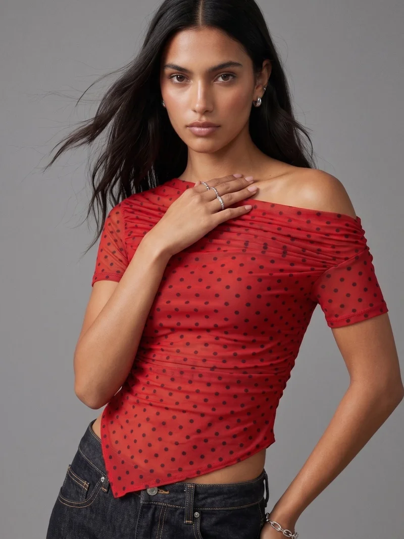 OUTZIDR  Red Asymmetrical Polka Dot Top for Women | Best Price UAE