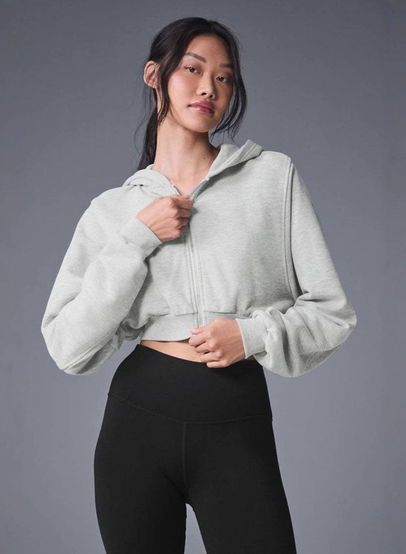 short zipper women's hoodie, spring and autumn high-waisted slimming sports jacket with cap - Image 1