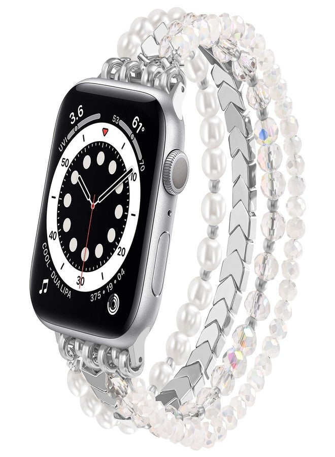 MOFREE Beaded Bracelet Compatible with Apple Watch Band 38mm/40mm/41mm/42mm, Fashion Elastic Stretch Women Bands for iWatch Series 11/10/9/8/7/SE/6/5/4/3/2/1 iPhone Watch Strap Bands White - Image 1