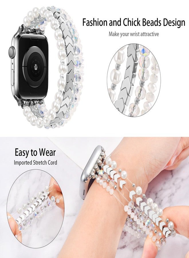 MOFREE Beaded Bracelet Compatible with Apple Watch Band 38mm/40mm/41mm/42mm, Fashion Elastic Stretch Women Bands for iWatch Series 11/10/9/8/7/SE/6/5/4/3/2/1 iPhone Watch Strap Bands White - Image 3