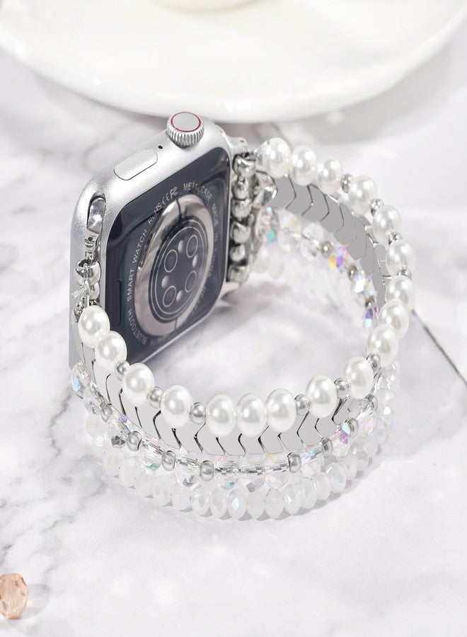 MOFREE Beaded Bracelet Compatible with Apple Watch Band 38mm/40mm/41mm/42mm, Fashion Elastic Stretch Women Bands for iWatch Series 11/10/9/8/7/SE/6/5/4/3/2/1 iPhone Watch Strap Bands White - Image 2