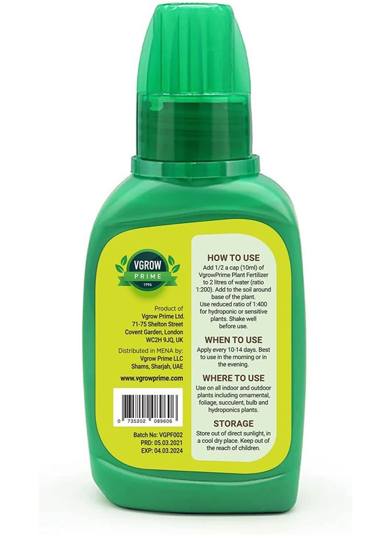 VGROW PRIME Vgrow Plant Fertilizer, All Purpose Liquid Nutrient Solution for all Types of Outdoor and Indoor Plants, Concentrate 250ml  - Image 2