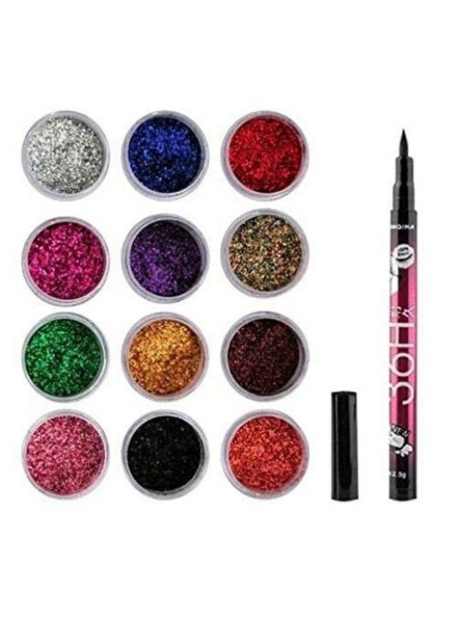 ClubComfort 12 Multicolor Shimmery Finish Glitter Powder With 36 Hrs Black Pen Eyeliner Shimmery Finish  - Image 2