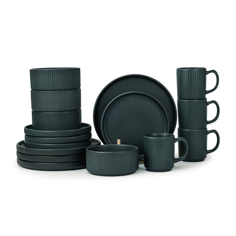 Shallow طقم عشاء ضحل من الخزف REF 16 قطعة، رمادي داكن | طقم أدوات مائدة بتصميم عمودي مخطط لخدمة 4 أشخاص، 4 أطباق عشاء، 4 أطباق جانبية، 4 سلطانيات و 4 أكواب لتناول الطعام الحديث في المنزل - Image 1