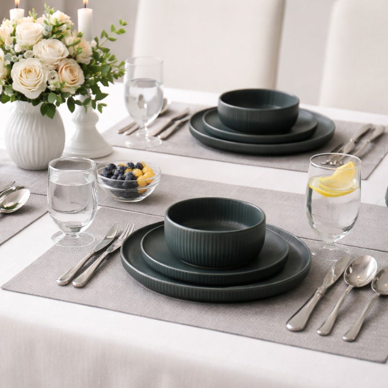 Shallow طقم عشاء ضحل من الخزف REF 16 قطعة، رمادي داكن | طقم أدوات مائدة بتصميم عمودي مخطط لخدمة 4 أشخاص، 4 أطباق عشاء، 4 أطباق جانبية، 4 سلطانيات و 4 أكواب لتناول الطعام الحديث في المنزل - Image 5