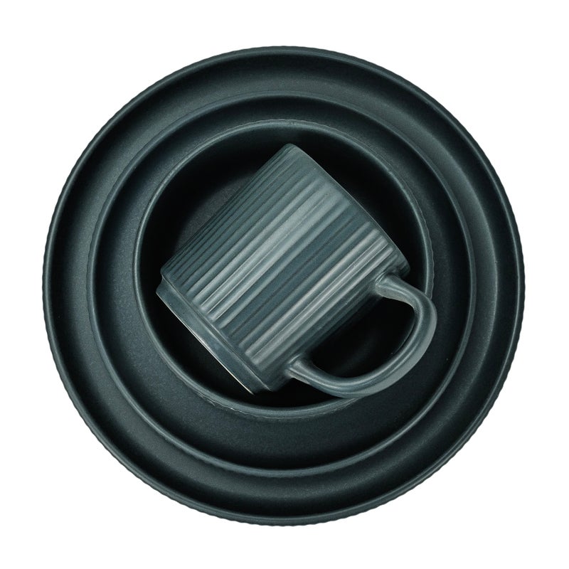 Shallow طقم عشاء ضحل من الخزف REF 16 قطعة، رمادي داكن | طقم أدوات مائدة بتصميم عمودي مخطط لخدمة 4 أشخاص، 4 أطباق عشاء، 4 أطباق جانبية، 4 سلطانيات و 4 أكواب لتناول الطعام الحديث في المنزل - Image 2