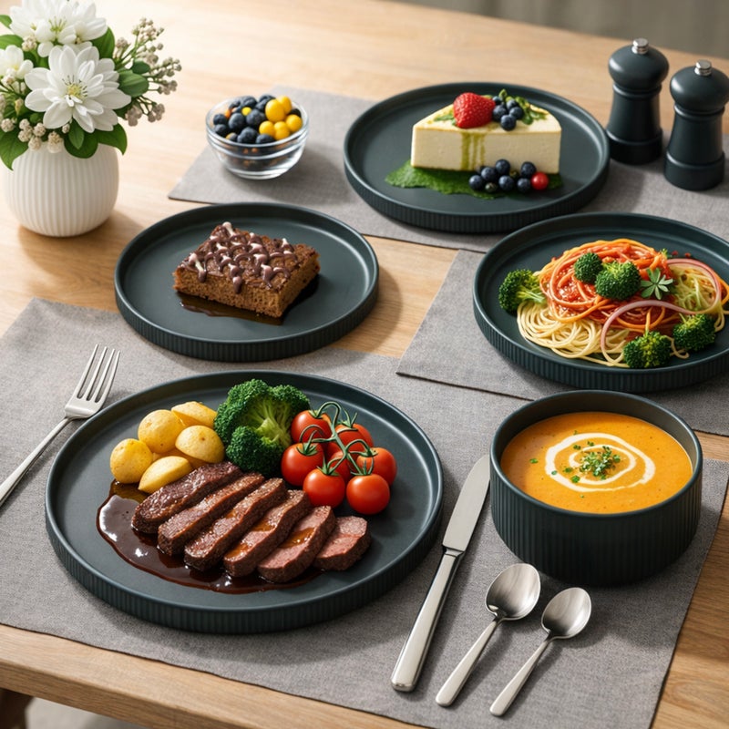 Shallow طقم عشاء ضحل من الخزف REF 16 قطعة، رمادي داكن | طقم أدوات مائدة بتصميم عمودي مخطط لخدمة 4 أشخاص، 4 أطباق عشاء، 4 أطباق جانبية، 4 سلطانيات و 4 أكواب لتناول الطعام الحديث في المنزل - Image 4