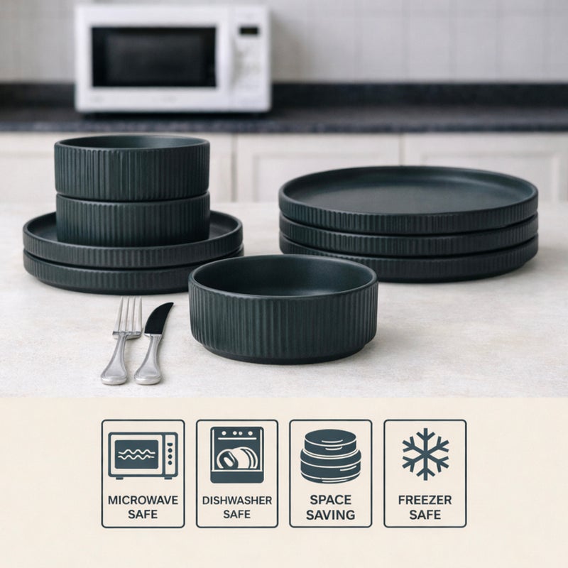 Shallow طقم عشاء ضحل من الخزف REF 16 قطعة، رمادي داكن | طقم أدوات مائدة بتصميم عمودي مخطط لخدمة 4 أشخاص، 4 أطباق عشاء، 4 أطباق جانبية، 4 سلطانيات و 4 أكواب لتناول الطعام الحديث في المنزل - Image 3