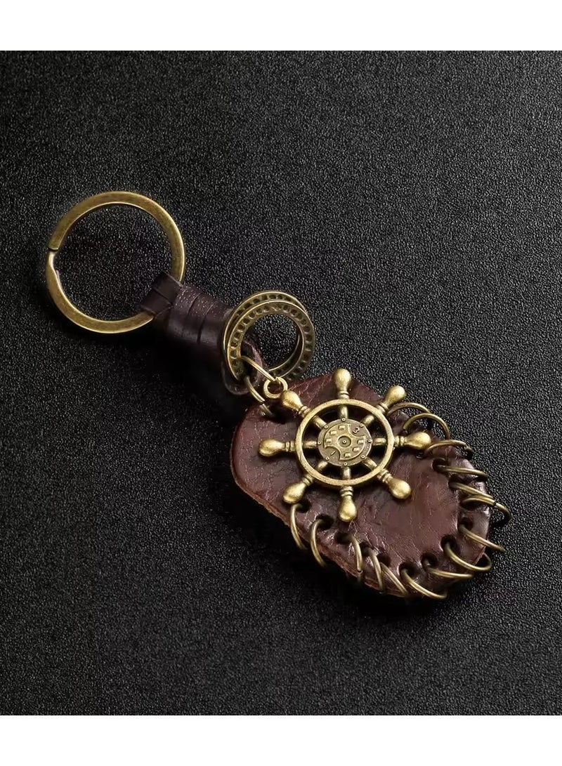 Goolsky Men's Vintage Genuine Leather Keychain Wing Compass Music Symbol Handwork Alloy Accessories Friendship Gift Handbag  - Image 2
