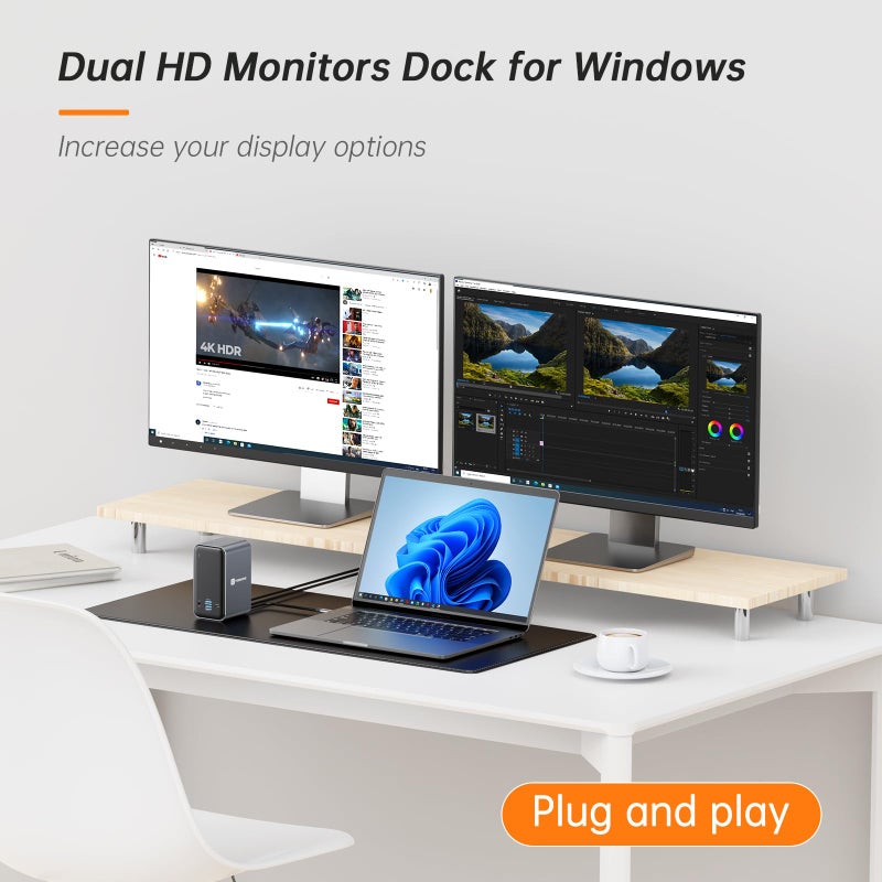 TOBENONE محطة توصيل لابتوب توبين ون USB C بشاشة مزدوجة، 15 في 1 محطة توصيل USB C مع HDMI مزدوج، مزود طاقة 65 واط، VGA، 4 USB 3.0، 2 USB 2.0، USB C، SD/TF، إيثرنت وصوت/ميكروفون للي Lenovo و HP و Dell و Surface - Image 2