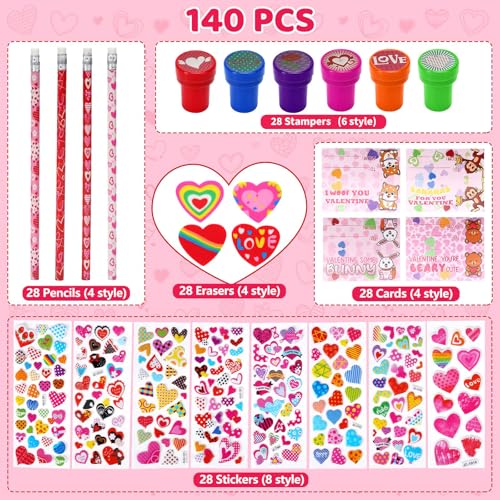 Lumiparty Valentines Day Gifts for Kids28 Pack Valentines Day Stationery Kids Includes Pencil Erasers Cards Stickers Stamper for Kids Valentines Day Party Favor Supplies School Classroom Exchange - Image 5