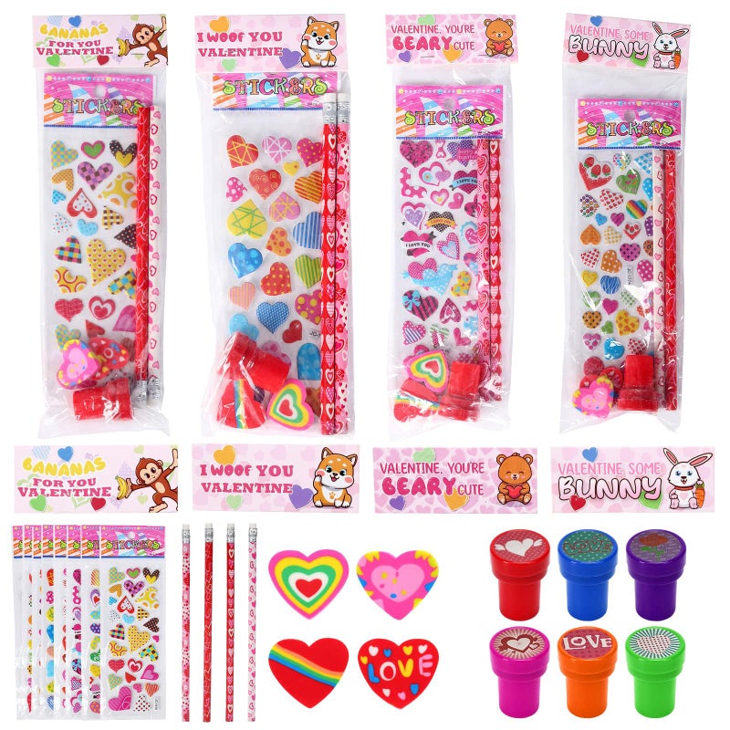 Lumiparty Valentines Day Gifts for Kids28 Pack Valentines Day Stationery Kids Includes Pencil Erasers Cards Stickers Stamper for Kids Valentines Day Party Favor Supplies School Classroom Exchange - Image 3