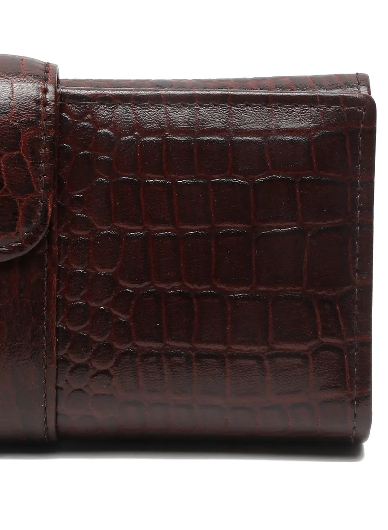 تيك وود Teakwood Women's Genuine Leather Clutch Wallet | 4 Card Slots | 3 Cash Compartments | 2 Zip Pockets | ID Window | Flap Button Closure | Brown