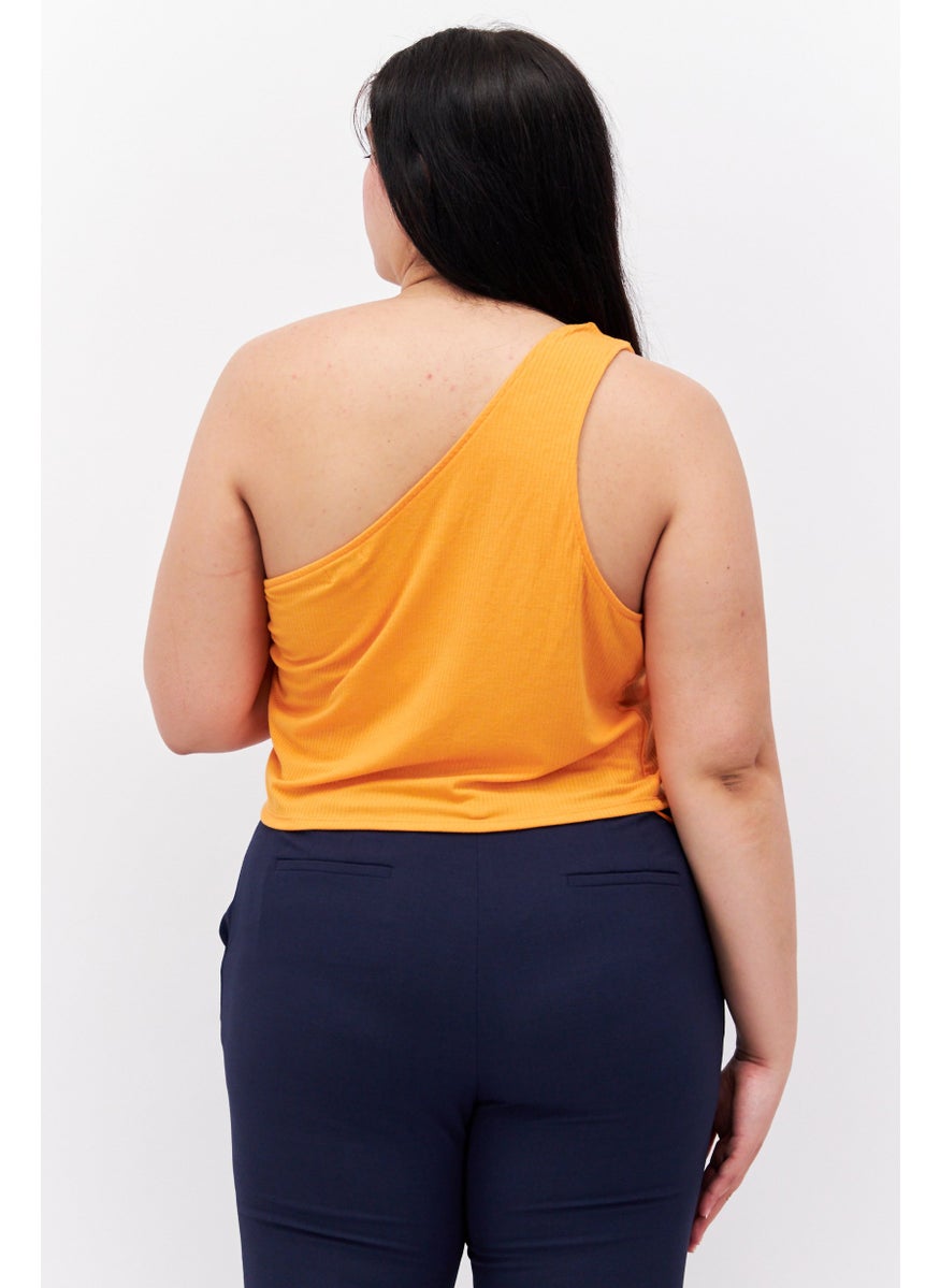 Love Fire - Women Plus Size  Asymmetrical Neck One Shoulder Ribbed Top, Orange - Image 1