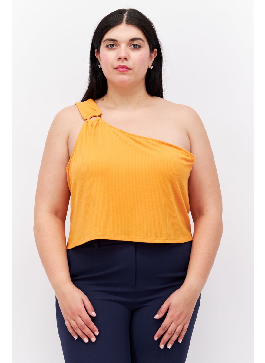 Love Fire - Women Plus Size  Asymmetrical Neck One Shoulder Ribbed Top, Orange - Image 1