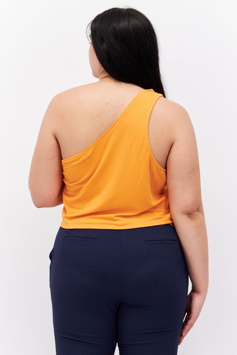 Love Fire Women Plus Size  Asymmetrical Neck One Shoulder Ribbed Top, Orange - Image 2