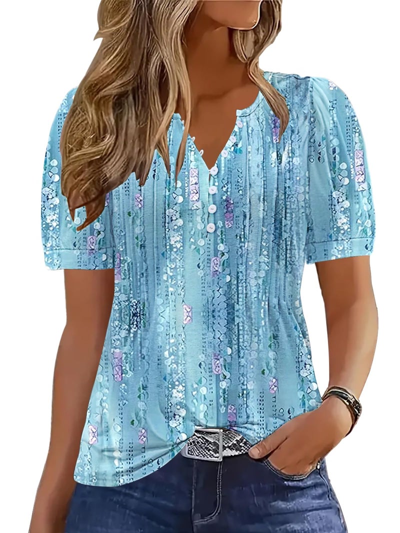 ETCYY Womens Shirts Dressy Casual Short Sleeve 2026 Summer Tops Spring V Neck Button Down Pleated Ladies Tunic Blouses,Dewdrop Blue,Medium - Image 1