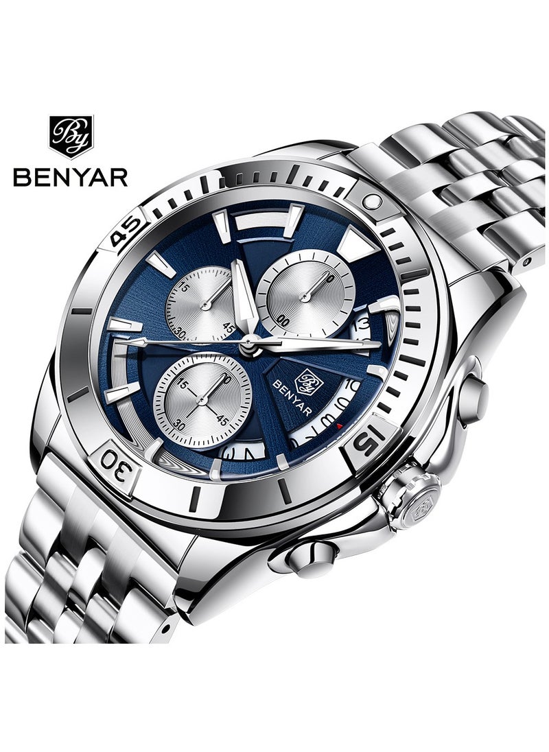 BENYAR - Watches for Men Luxury Stainless Steel Quartz Water Resistant Watch 5180WTBU - Image 1