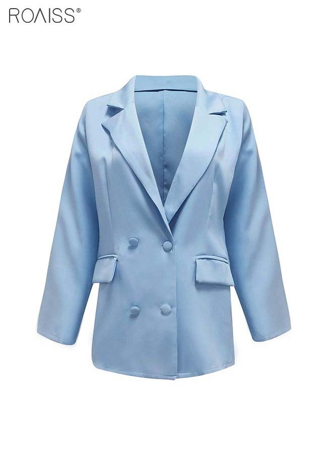 roaiss Women's Casual Business Blazer Fashion Casual Solid Color Office Coat Classic Lapel Button Open Placket Coat  - Image 4
