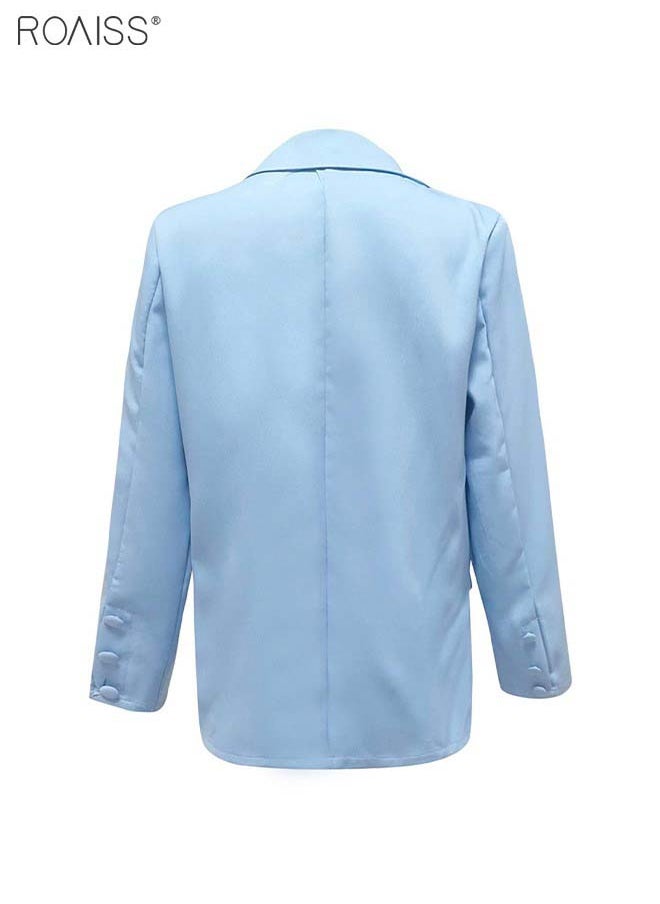 roaiss Women's Casual Business Blazer Fashion Casual Solid Color Office Coat Classic Lapel Button Open Placket Coat  - Image 5