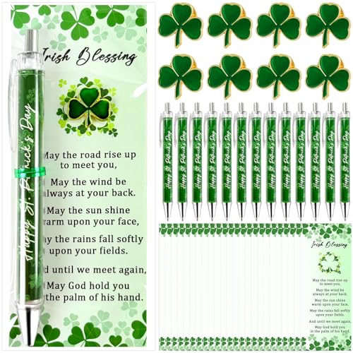 Sitroasho 30 Sets St. Patrick's Day Shamrock Ballpoint Pens Clover Lapel Pins with Blessing Cards Good Luck Clover Pens Brooches St Patrick's Day Gifts for Employee Staff Coworker Irish Party Favors - Image 1