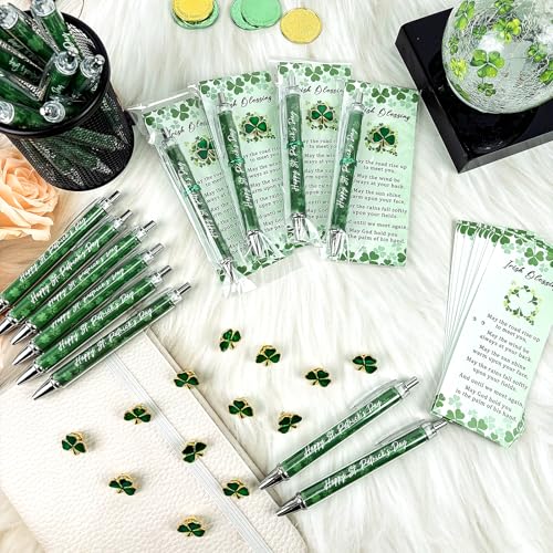 Sitroasho 30 Sets St. Patrick's Day Shamrock Ballpoint Pens Clover Lapel Pins with Blessing Cards Good Luck Clover Pens Brooches St Patrick's Day Gifts for Employee Staff Coworker Irish Party Favors - Image 4