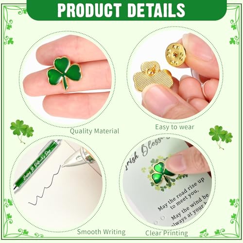 Sitroasho 30 Sets St. Patrick's Day Shamrock Ballpoint Pens Clover Lapel Pins with Blessing Cards Good Luck Clover Pens Brooches St Patrick's Day Gifts for Employee Staff Coworker Irish Party Favors - Image 3