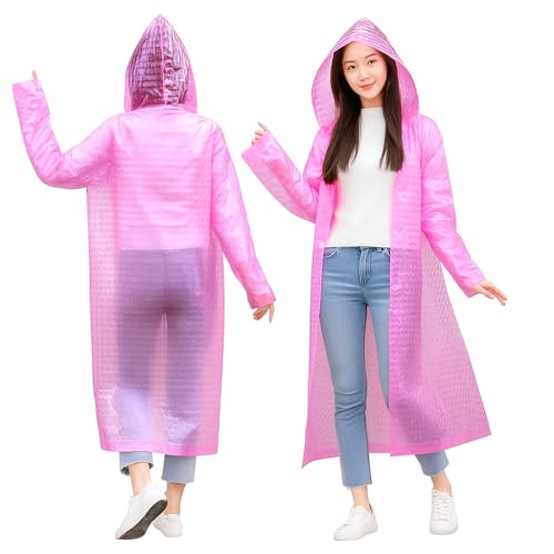 HACER Hooded Raincoat for Women EVA Water Resistant Full Length Long Sleeves Lightweight Rainwear with Hood for Adults Camping Hiking Trekking (Pack of 1, Pink, Free Size) - Image 1