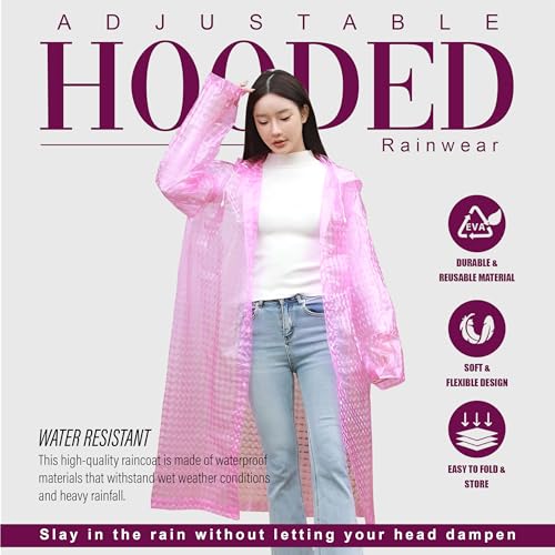 HACER Hooded Raincoat for Women EVA Water Resistant Full Length Long Sleeves Lightweight Rainwear with Hood for Adults Camping Hiking Trekking (Pack of 1, Pink, Free Size) - Image 4