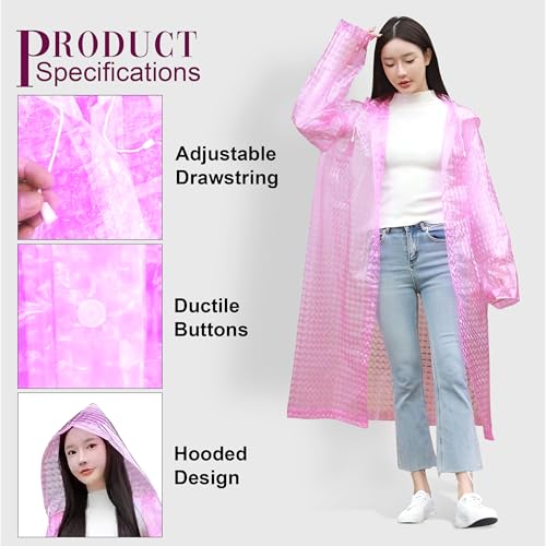 HACER Hooded Raincoat for Women EVA Water Resistant Full Length Long Sleeves Lightweight Rainwear with Hood for Adults Camping Hiking Trekking (Pack of 1, Pink, Free Size) - Image 3