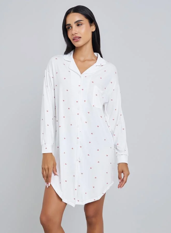 Styli Women White Heart Print Long Sleeve Nightshirt