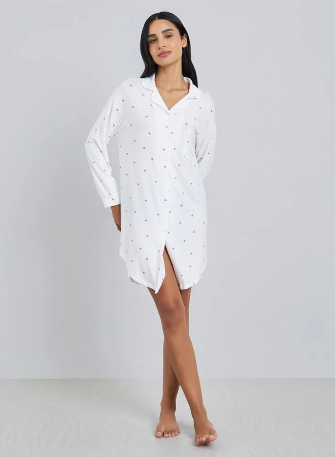 Styli Women White Heart Print Long Sleeve Nightshirt