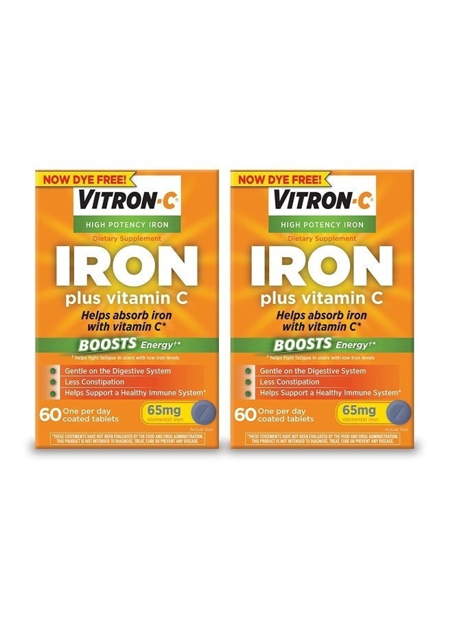 Vitron-C Iron Supplement, Once Daily, High Potency Iron Plus Vitamin C, Support Red Blood Cell Production, Dye Free Tablets, 60 Count, 2 Pack - Image 2