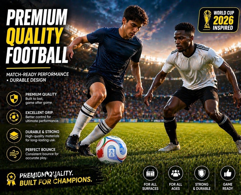 جولدن كيك طقم كرة قدم مع منفاخ هواء – كرة قدم مقاس 5، تصميم مستوحى من كأس العالم 2026، مضخة هواء مدمجة وصغيرة الحجم، كرة متينة للتدريب واللعب الخارجي للأطفال والكبار - Image 2